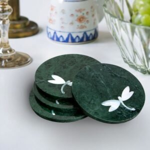 Green Marble Coaster Set with Butterfly Inlay