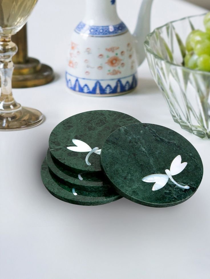 Green Marble Coaster Set with Butterfly Inlay