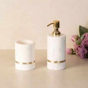 Marble Bathroom Accessories Set with Metallic Accent