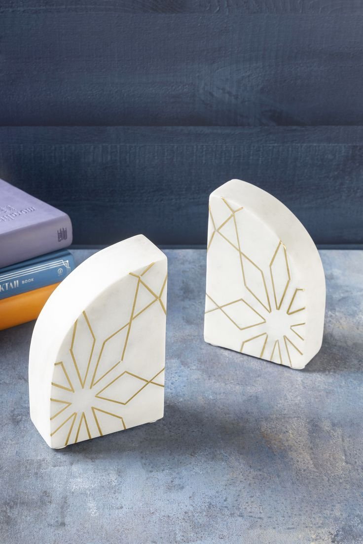 Marble Bookends with Geometric Brass Inlay