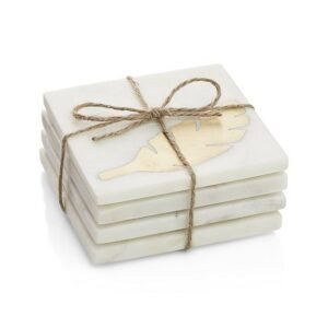 Marble Coaster Gift Set with Brass Leaf Accent