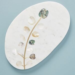 Oval Marble Tray with Shell & Brass Inlay