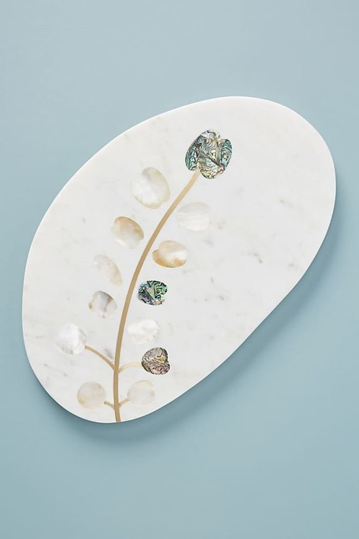 Oval Marble Tray with Shell & Brass Inlay