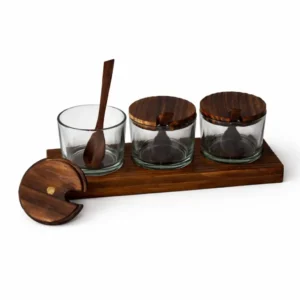 Premium Handcrafted Wooden Spice Jar Set with Tray | Glass Condiment Jars for Dining Table & Kitchen