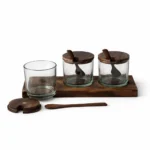 Premium Handcrafted Wooden Spice Jar Set with Tray | Glass Condiment Jars for Dining Table & Kitchen