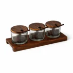 Premium Handcrafted Wooden Spice Jar Set with Tray | Glass Condiment Jars for Dining Table & Kitchen