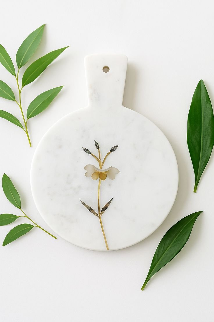 Round Marble Cutting & Serving Board with Floral Inlay