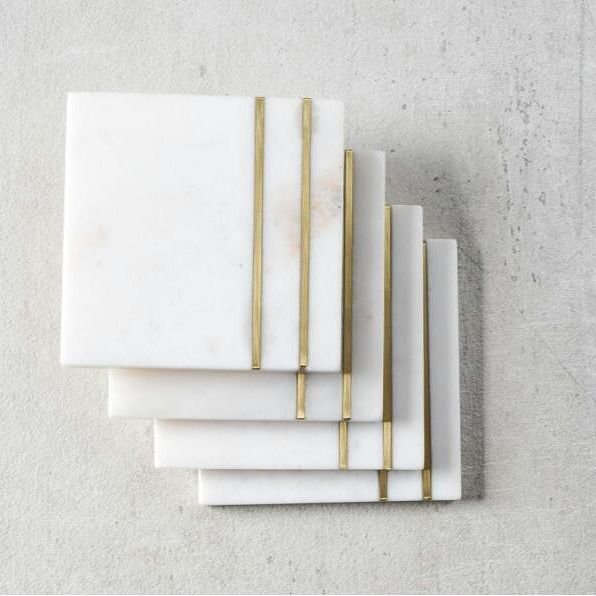 White Marble Coasters with Brass Inlay Stripes
