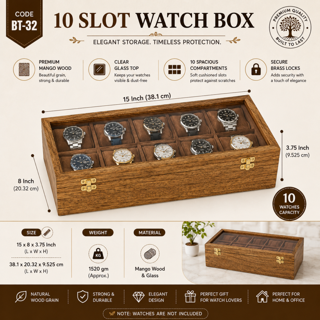 10 Slot Wooden Watch Box – Premium Mango Wood Display & Storage Case