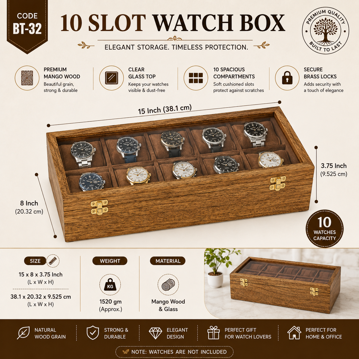 10 Slot Wooden Watch Box – Premium Mango Wood Display & Storage Case