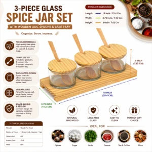 3-Piece Glass Spice Jar Set with Wooden Lids, Spoons & Base Tray