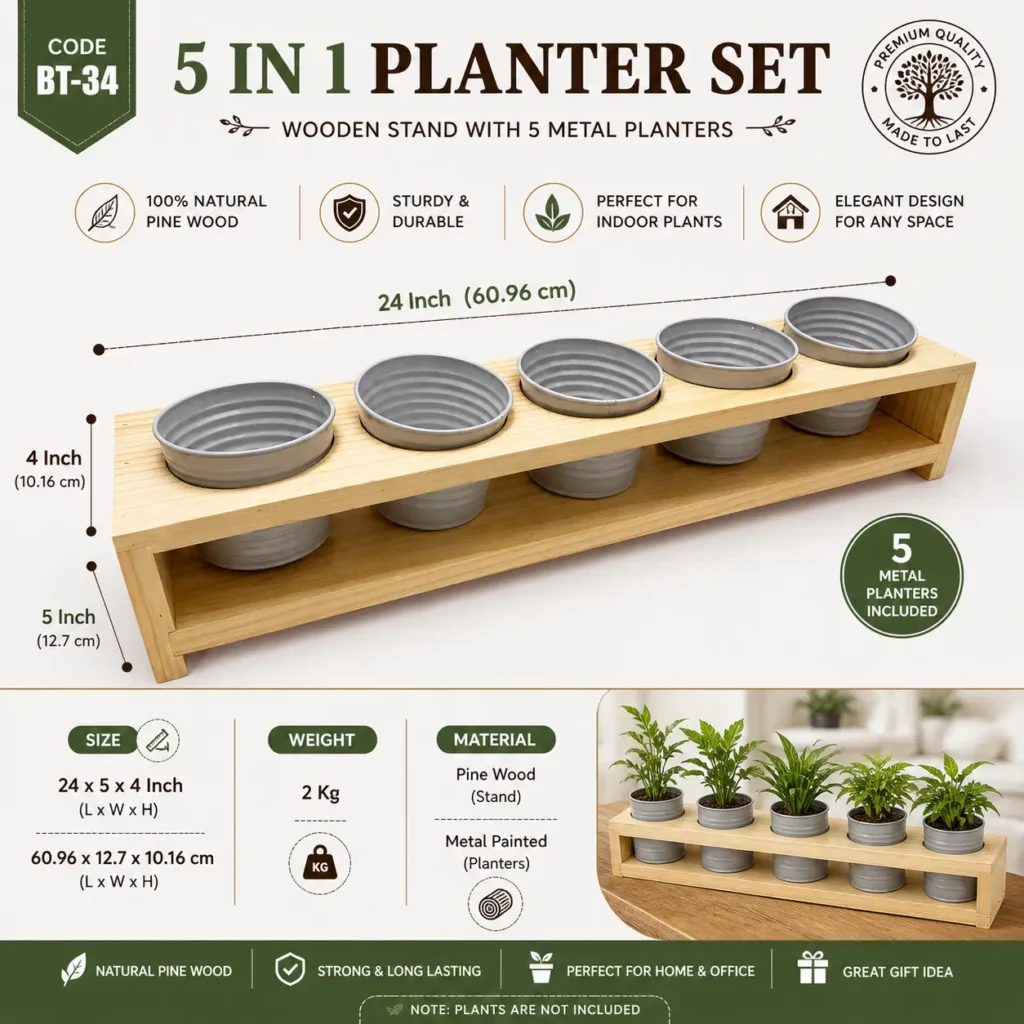 5-in-1 Wooden Planter Stand with Metal Pots