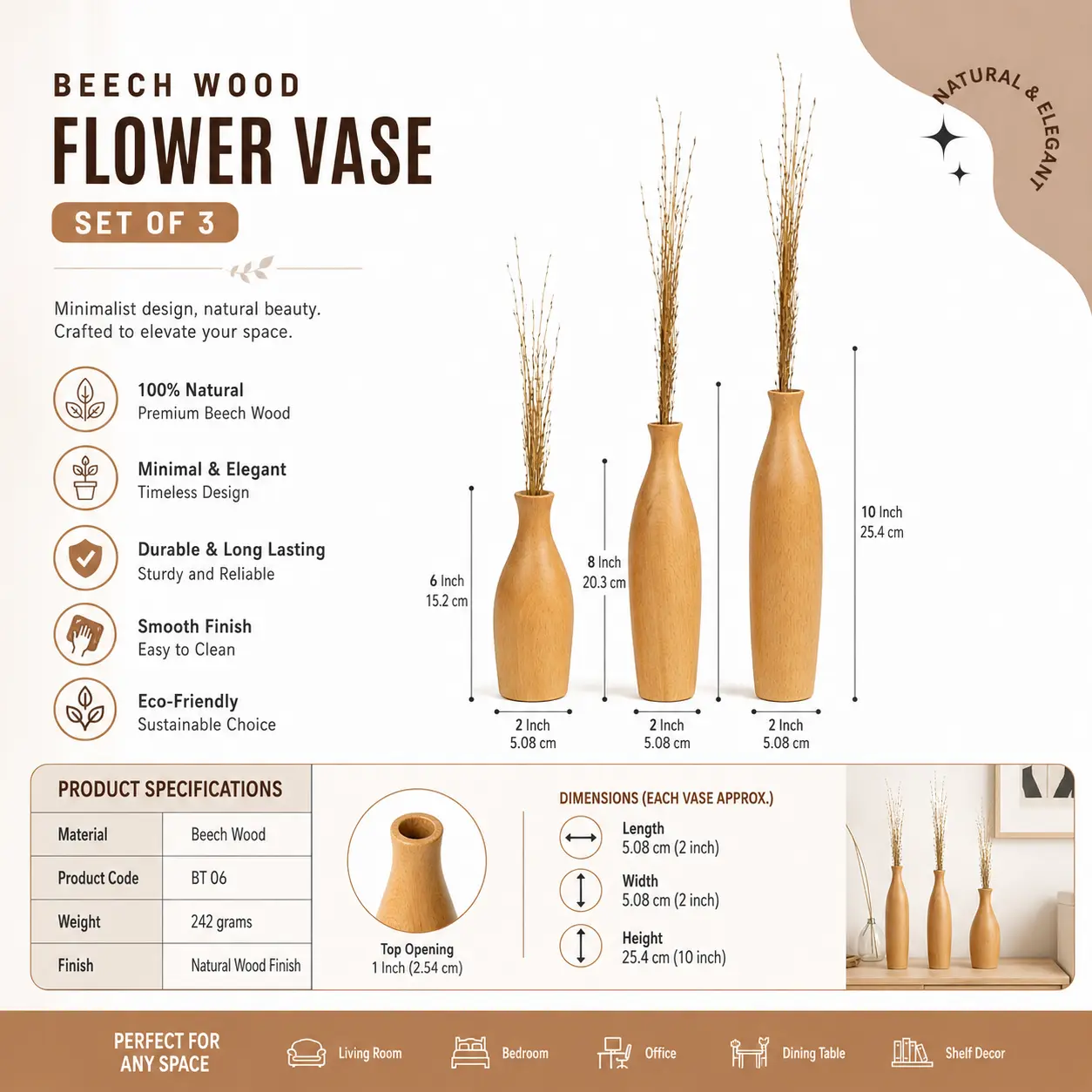 Beech Wood Flower Vase Set of 3