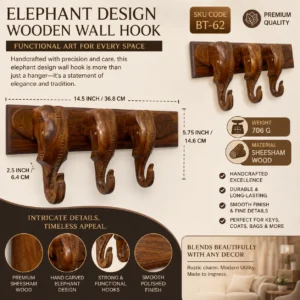 Elephant Design Wooden Wall Hook