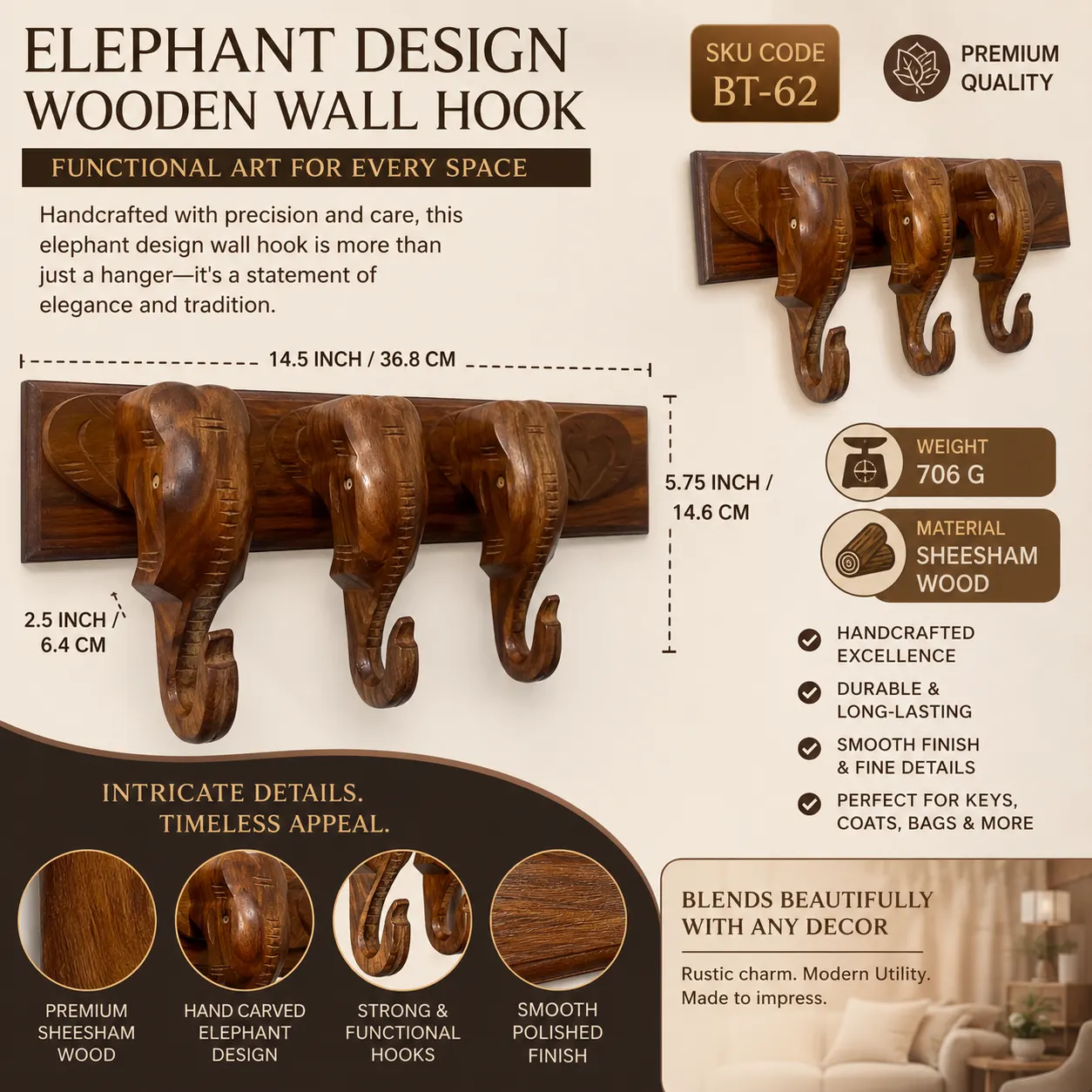 Elephant Design Wooden Wall Hook