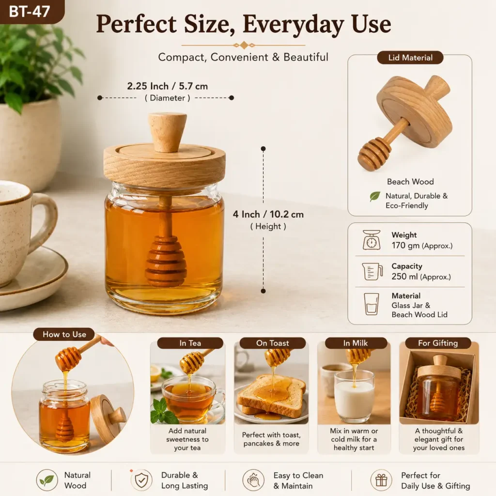 Glass Honey Jar with Wooden Dipper Lid