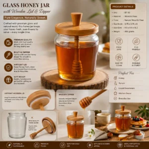 Glass Honey Jar with Wooden Lid & Dipper