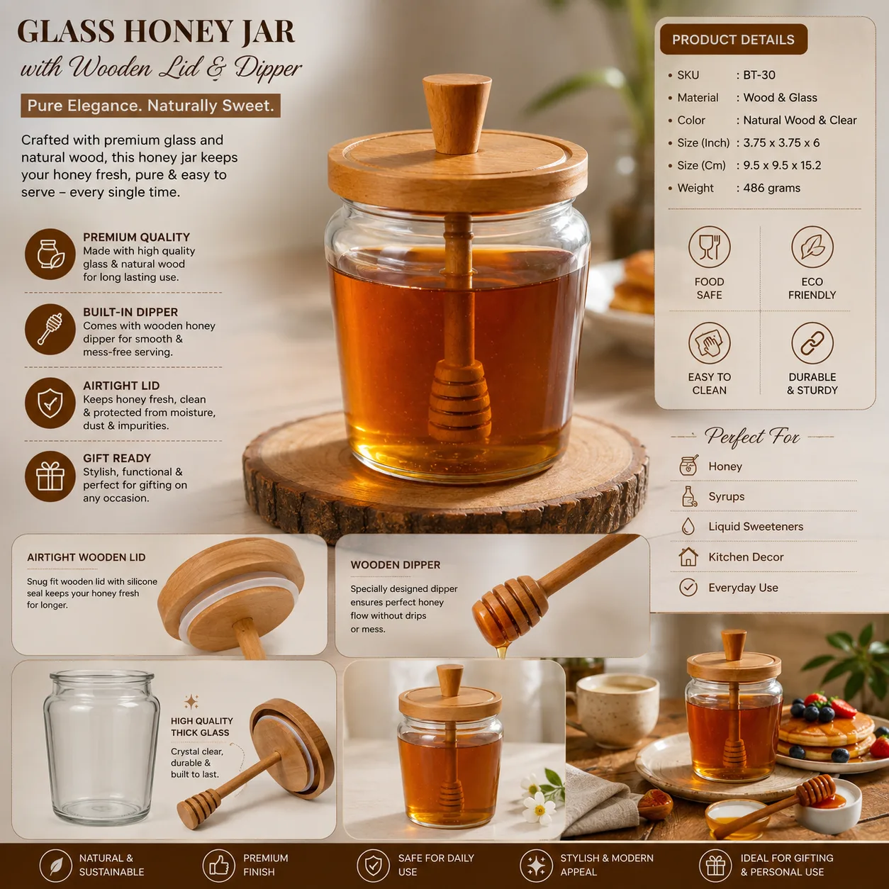 Glass Honey Jar with Wooden Lid & Dipper