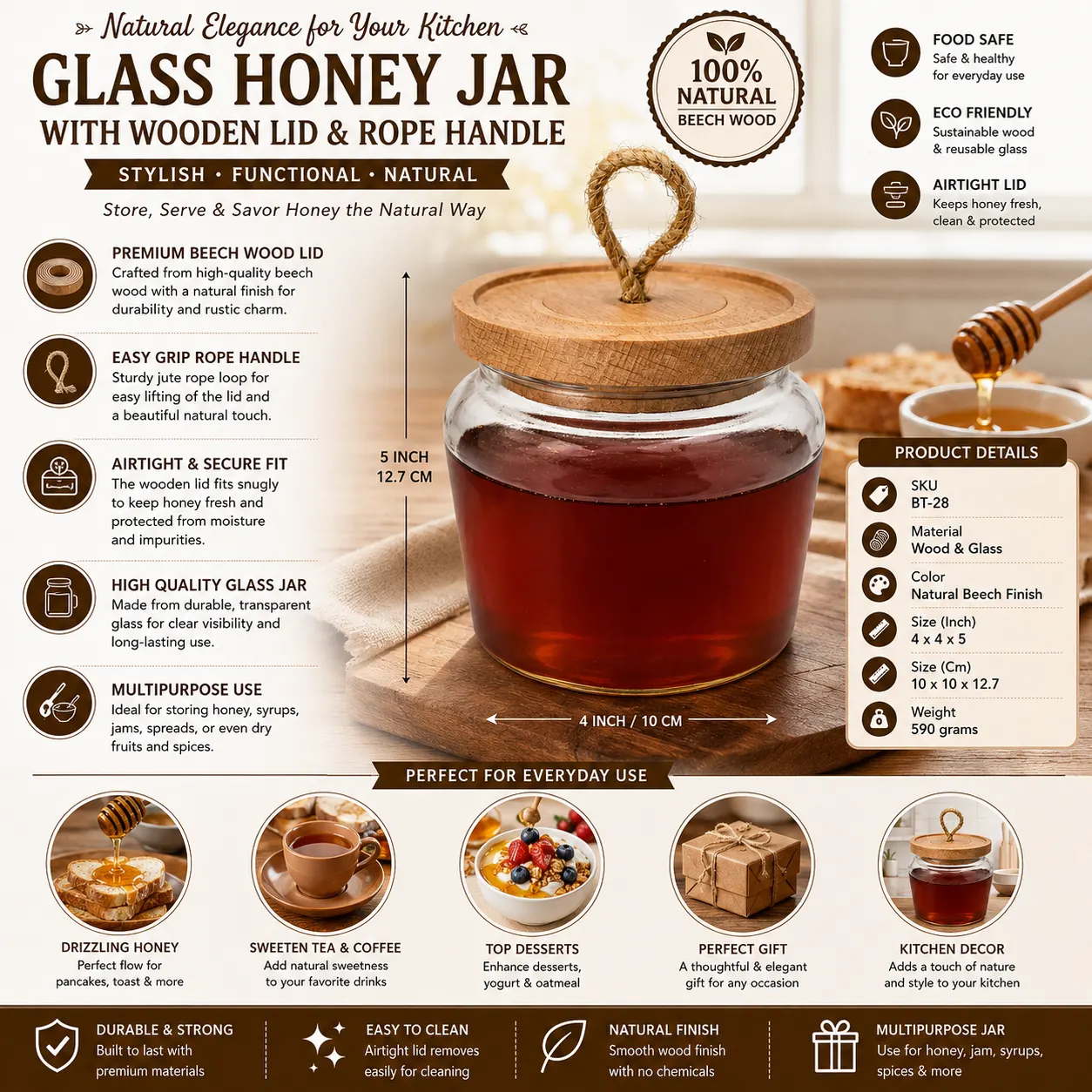 Glass Honey Jar with Wooden Lid & Rope Handle