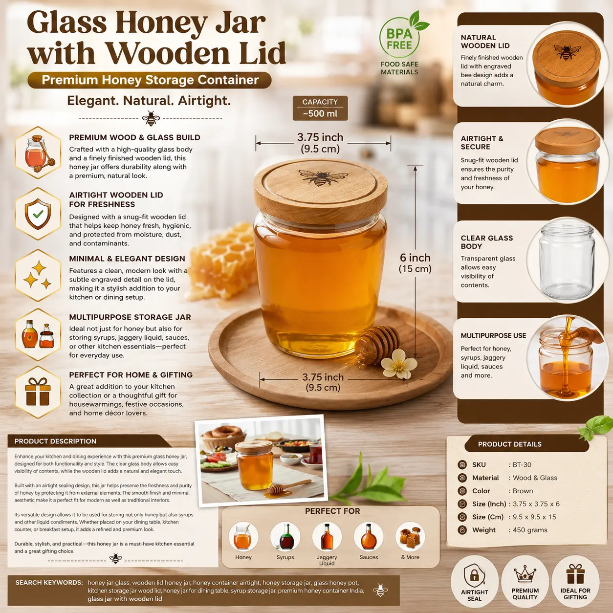 Glass Honey Jar with Wooden Lid