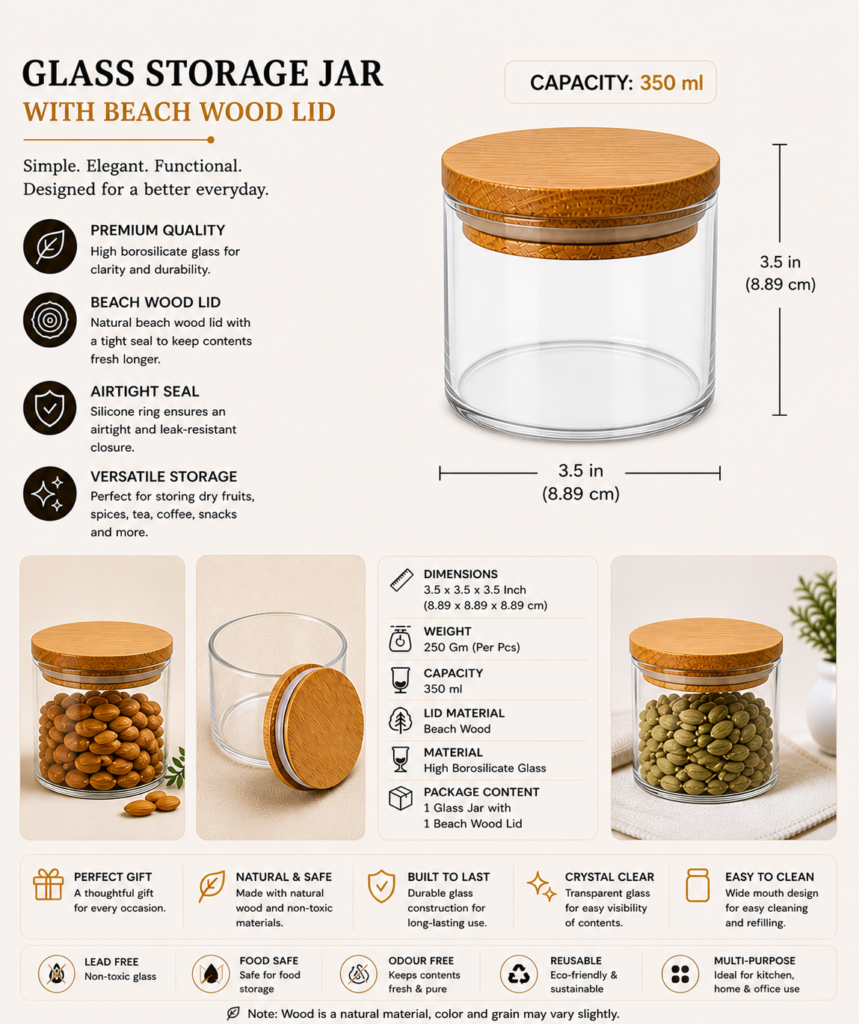 Glass Storage Jar with Beach Wood Lid – 350 ml