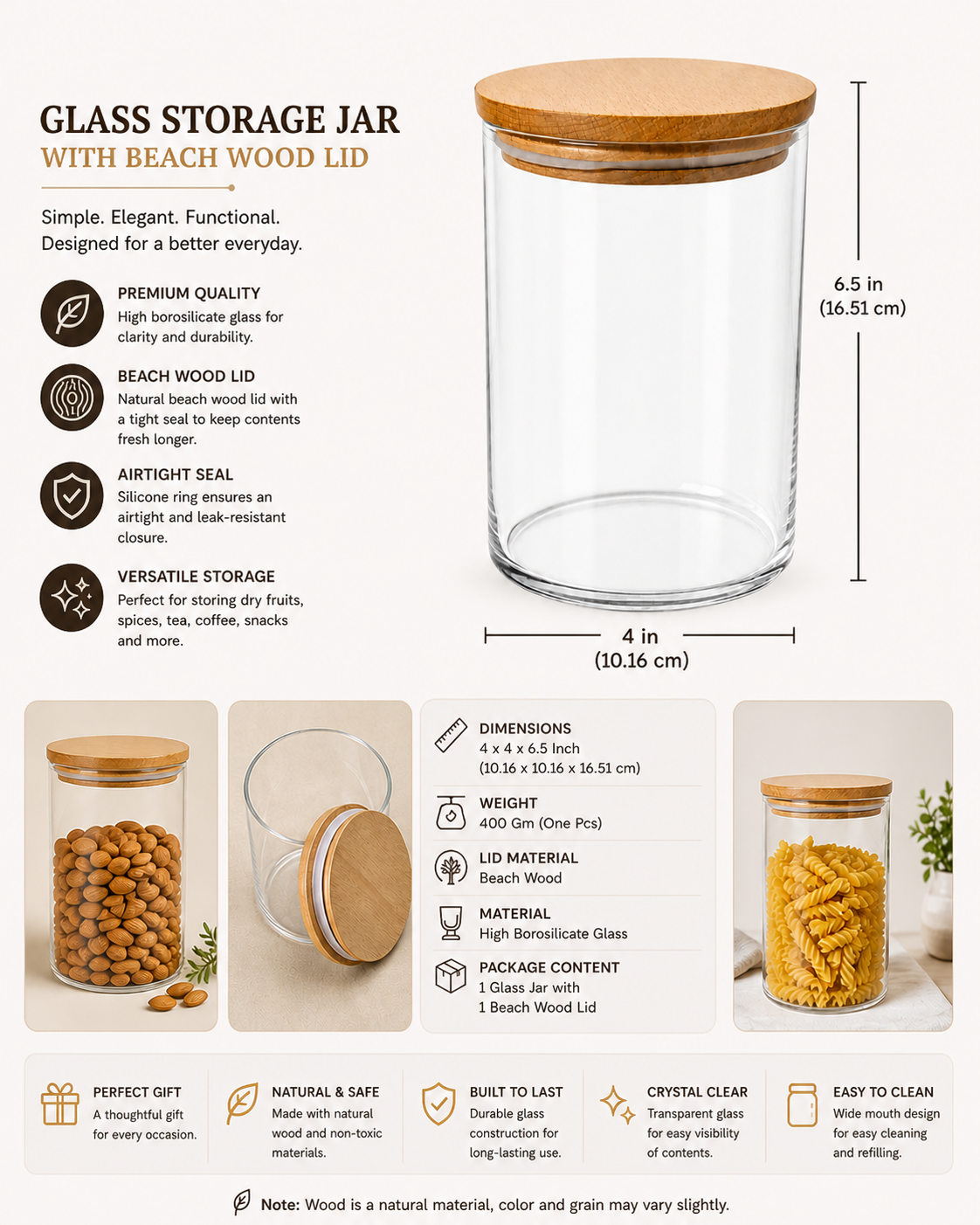 Glass Storage Jar with Beach Wood Lid