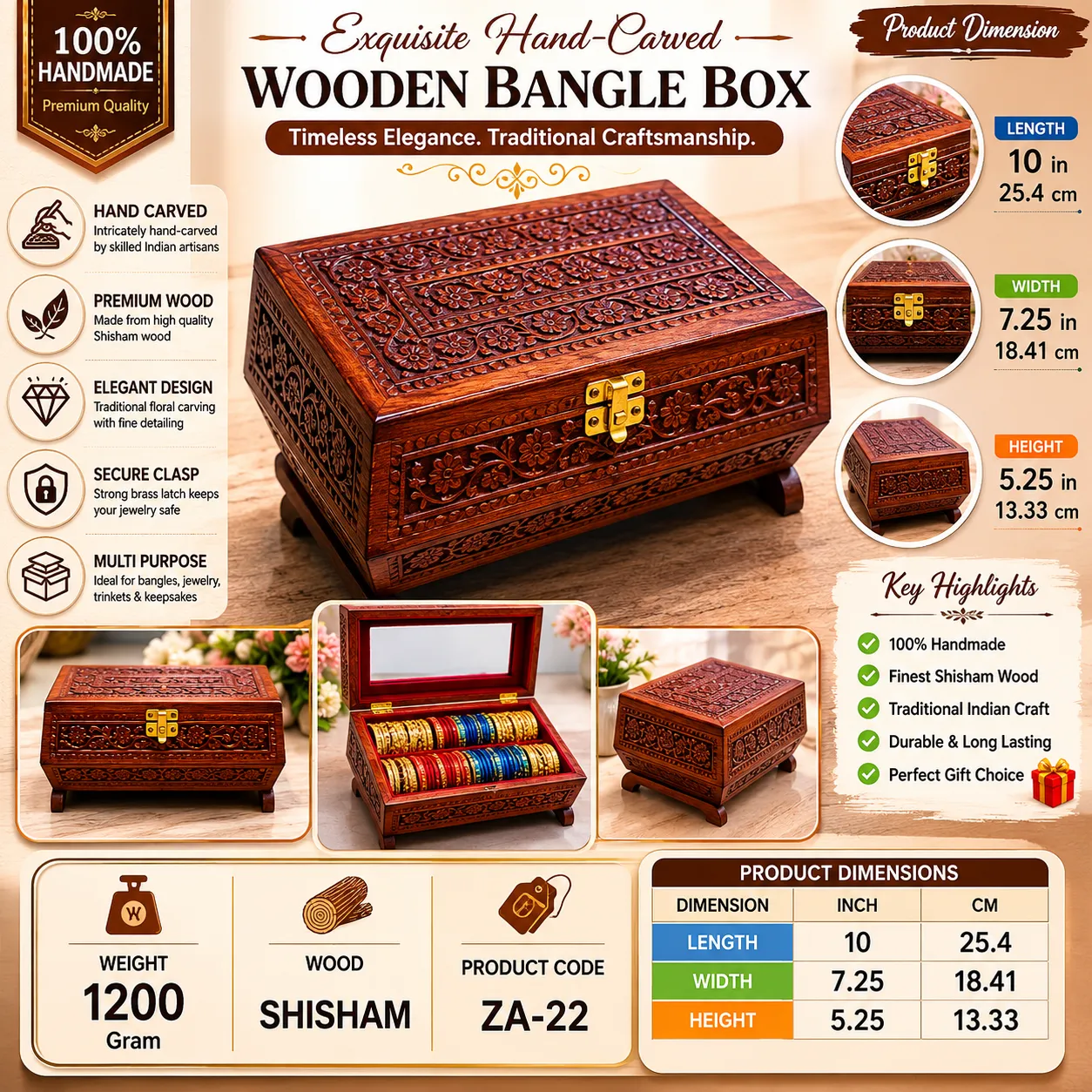 Hand-Carved Wooden Bangle Box