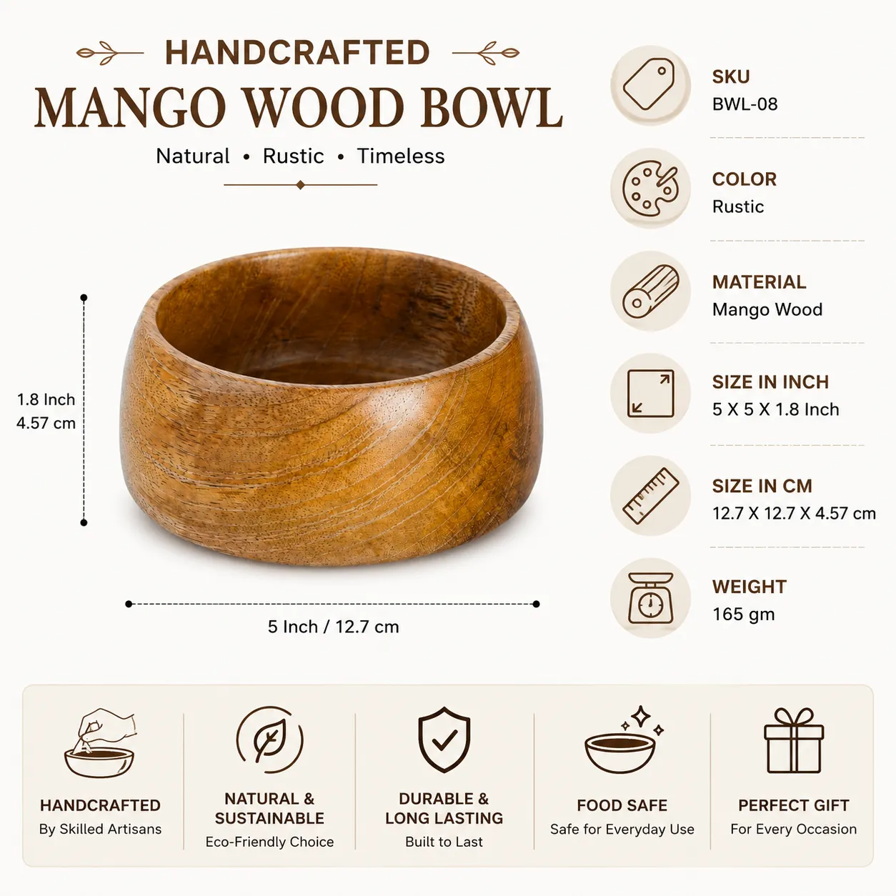 Handcrafted Mango Wood Bowl (SKU: BWL-08)