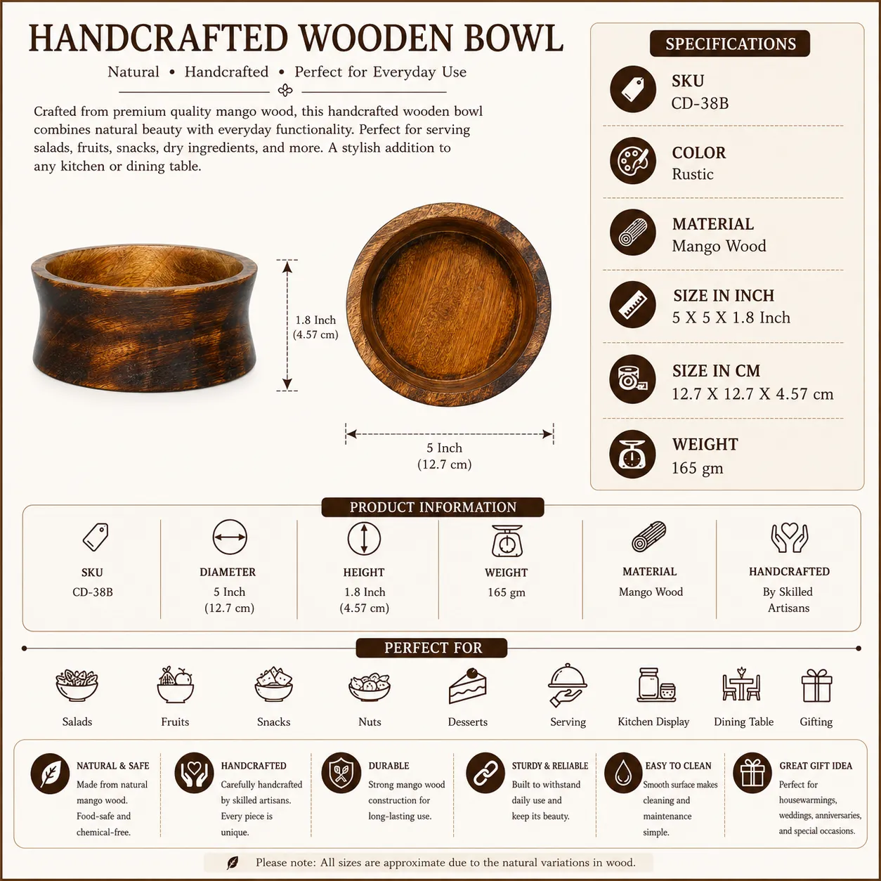 Handcrafted Mango Wood Bowl (SKU: CD-38B)