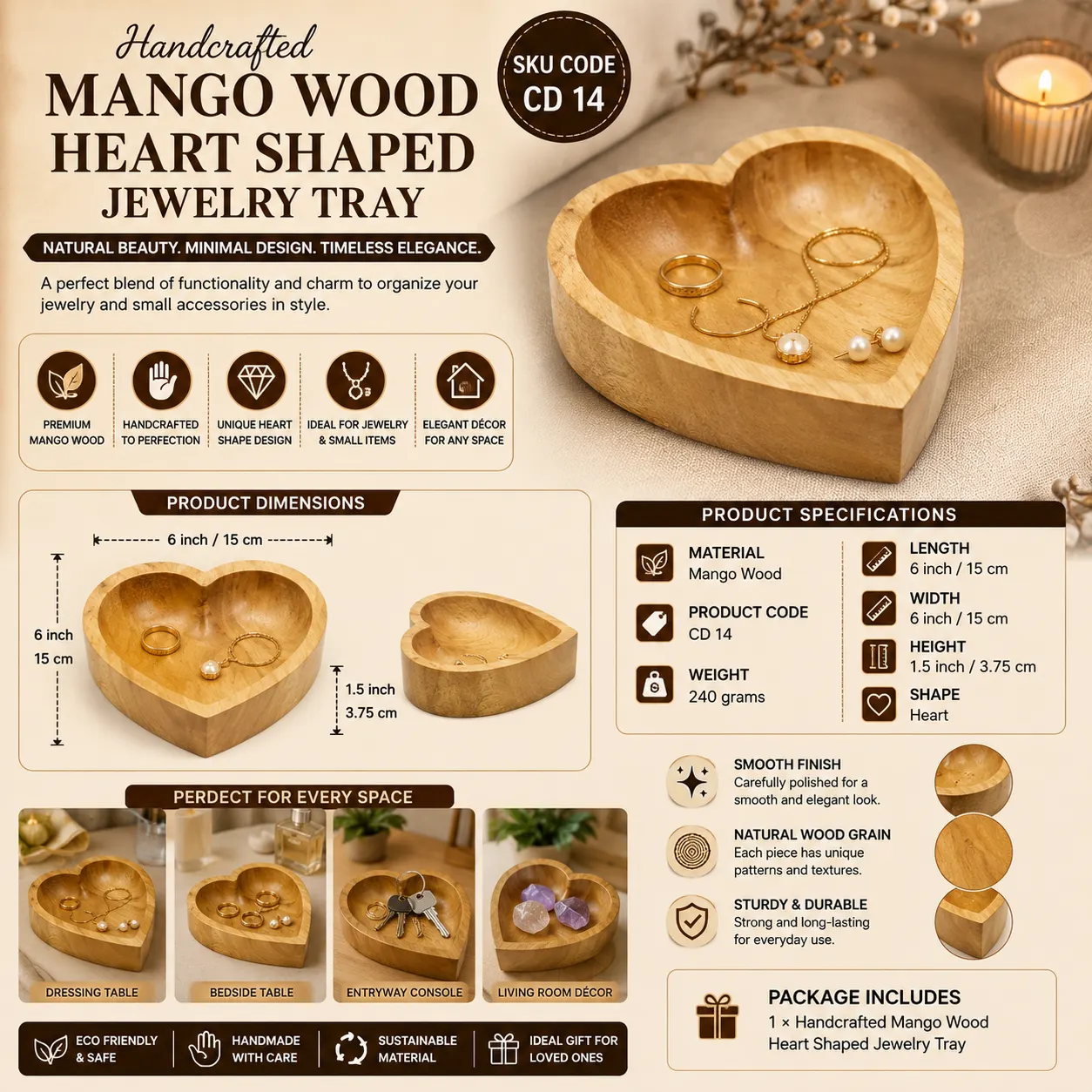 Handcrafted Mango Wood Heart Shaped Jewelry Tray