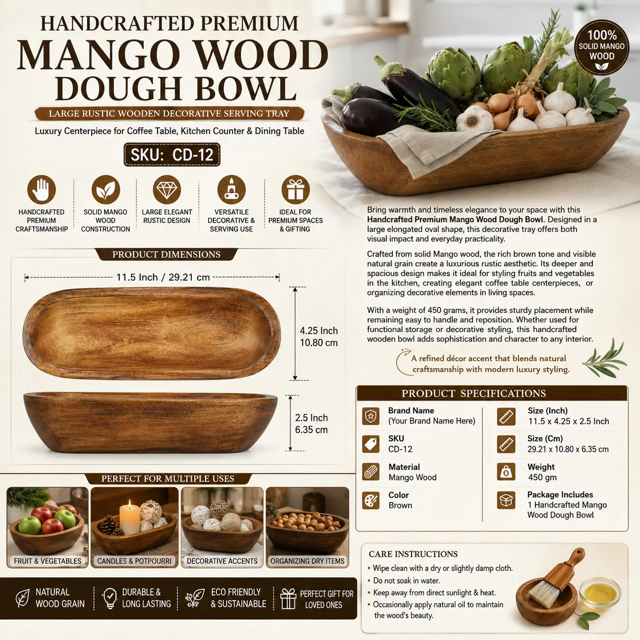 Handcrafted Premium Mango Wood Dough Bowl (SKU CD-12)