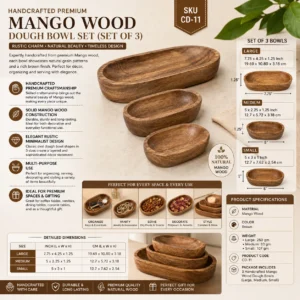 Handcrafted Premium Mango Wood Dough Bowl Set (Set of 3)
