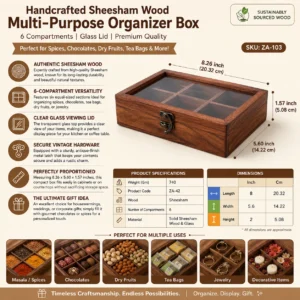 Handcrafted Sheesham Wood Multi-Purpose Organizer Box with Glass Lid – 6 Compartments