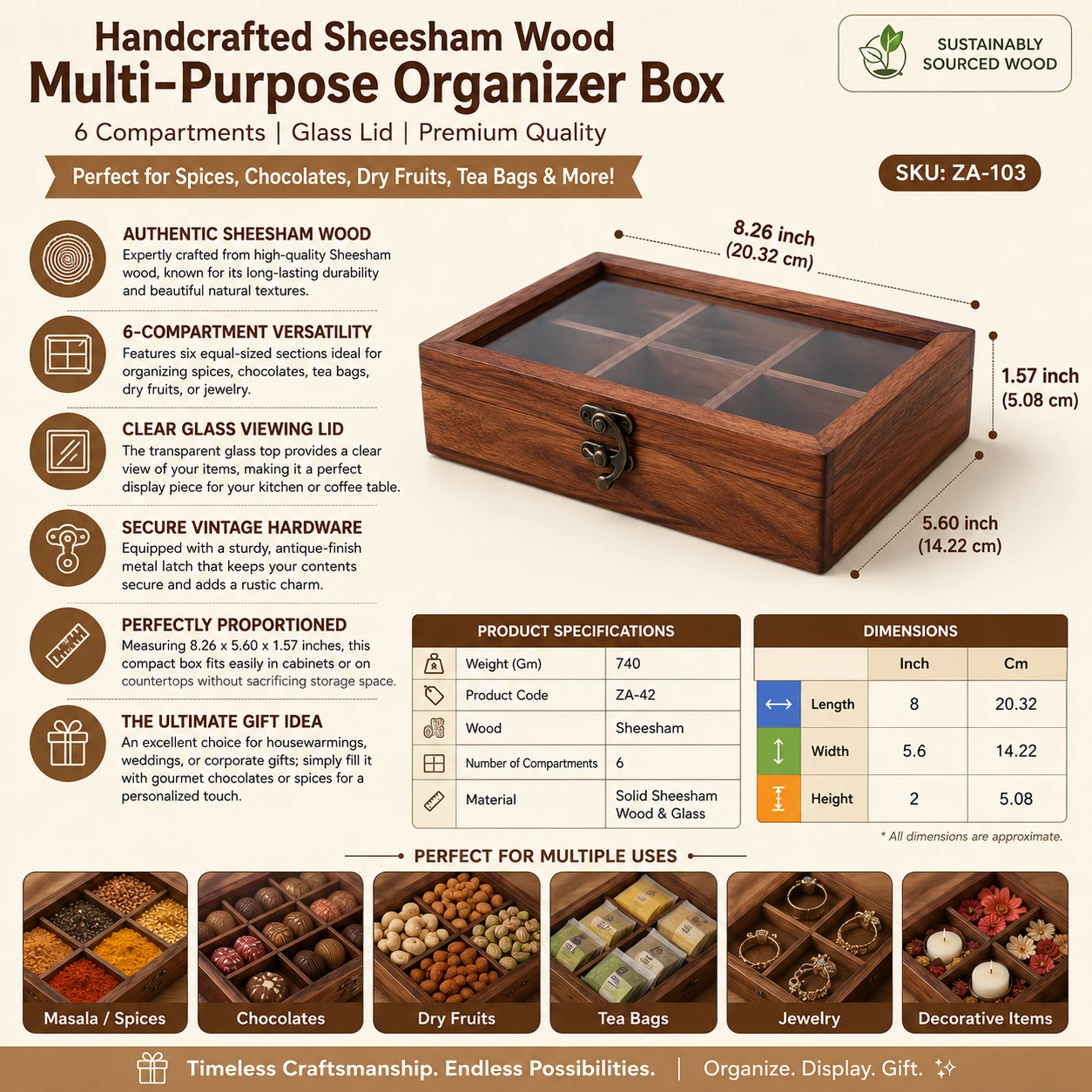 Handcrafted Sheesham Wood Multi-Purpose Organizer Box with Glass Lid – 6 Compartments