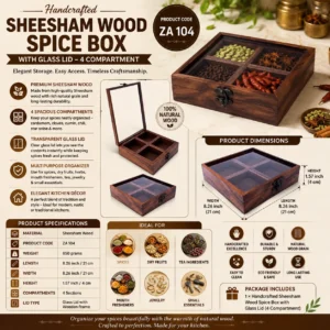 Handcrafted Sheesham Wood Spice Box with Glass Lid – 4 Compartments