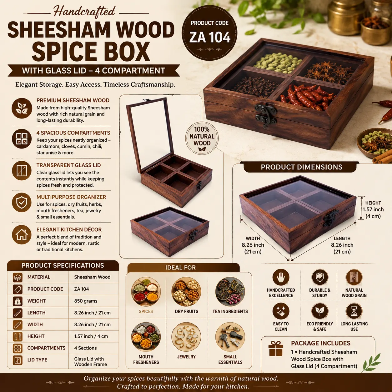 Handcrafted Sheesham Wood Spice Box with Glass Lid – 4 Compartments