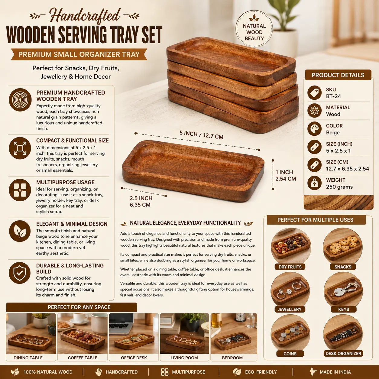 Handcrafted Wooden Serving Tray Set
