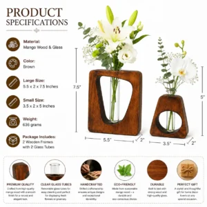 Handmade Mango Wood & Glass Flower Vase Set (Set of 2)