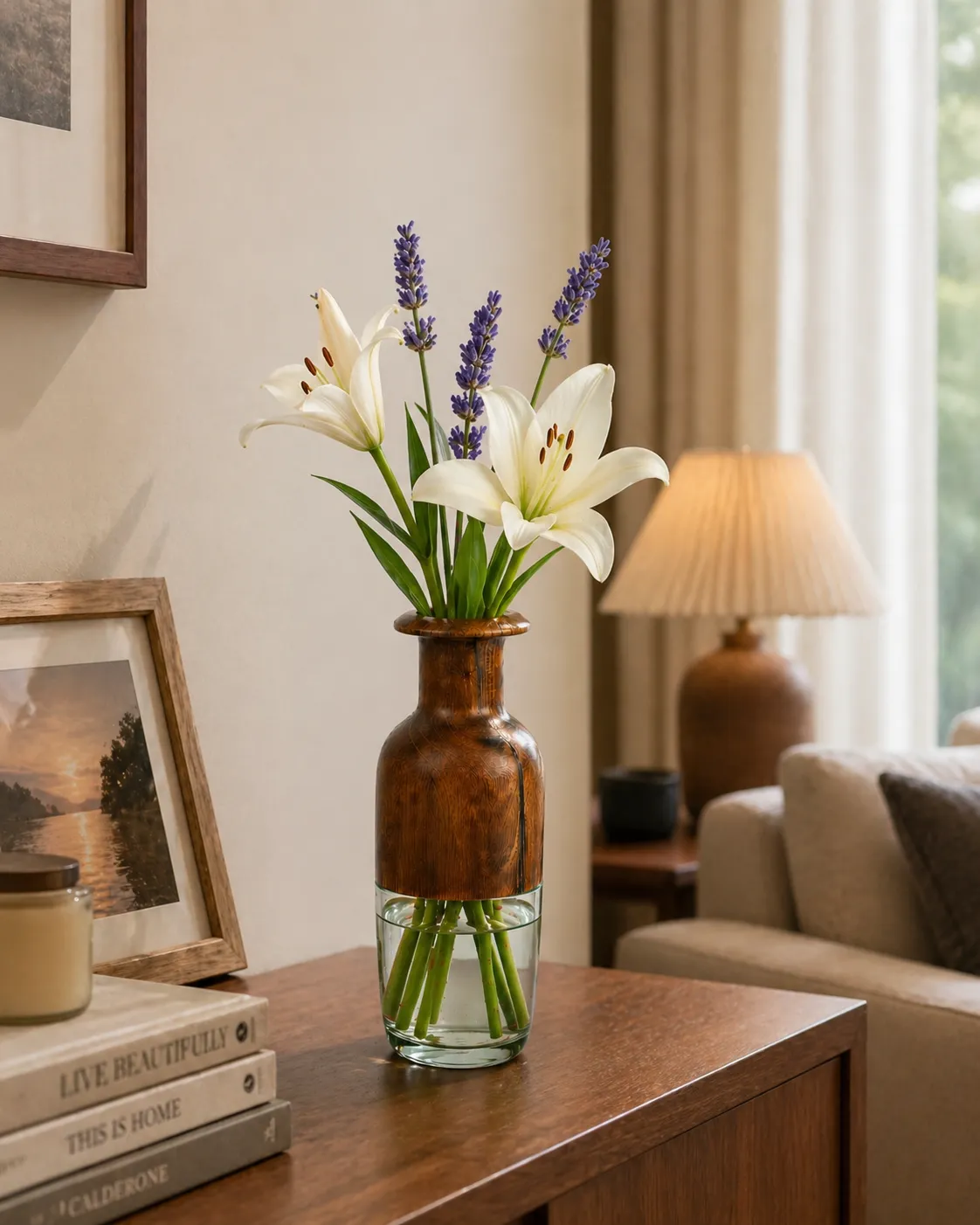 Handmade Wooden & Glass Flower Vase for Home Décor