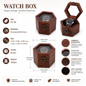 Hexagonal Rosewood Watch Box with Glass Lid