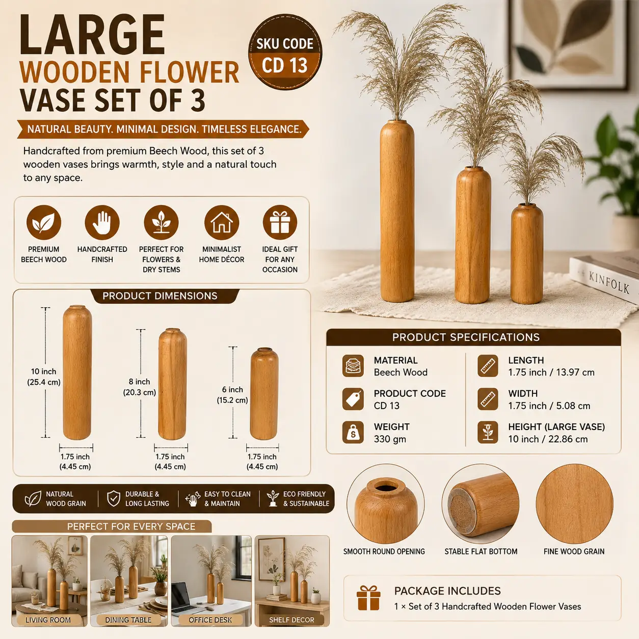 Large Wooden Flower Vase Set of 3