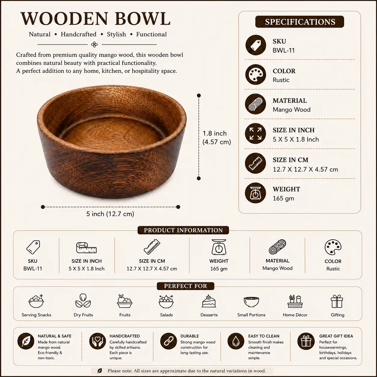 Mango Wood Bowl (SKU: BWL-11)