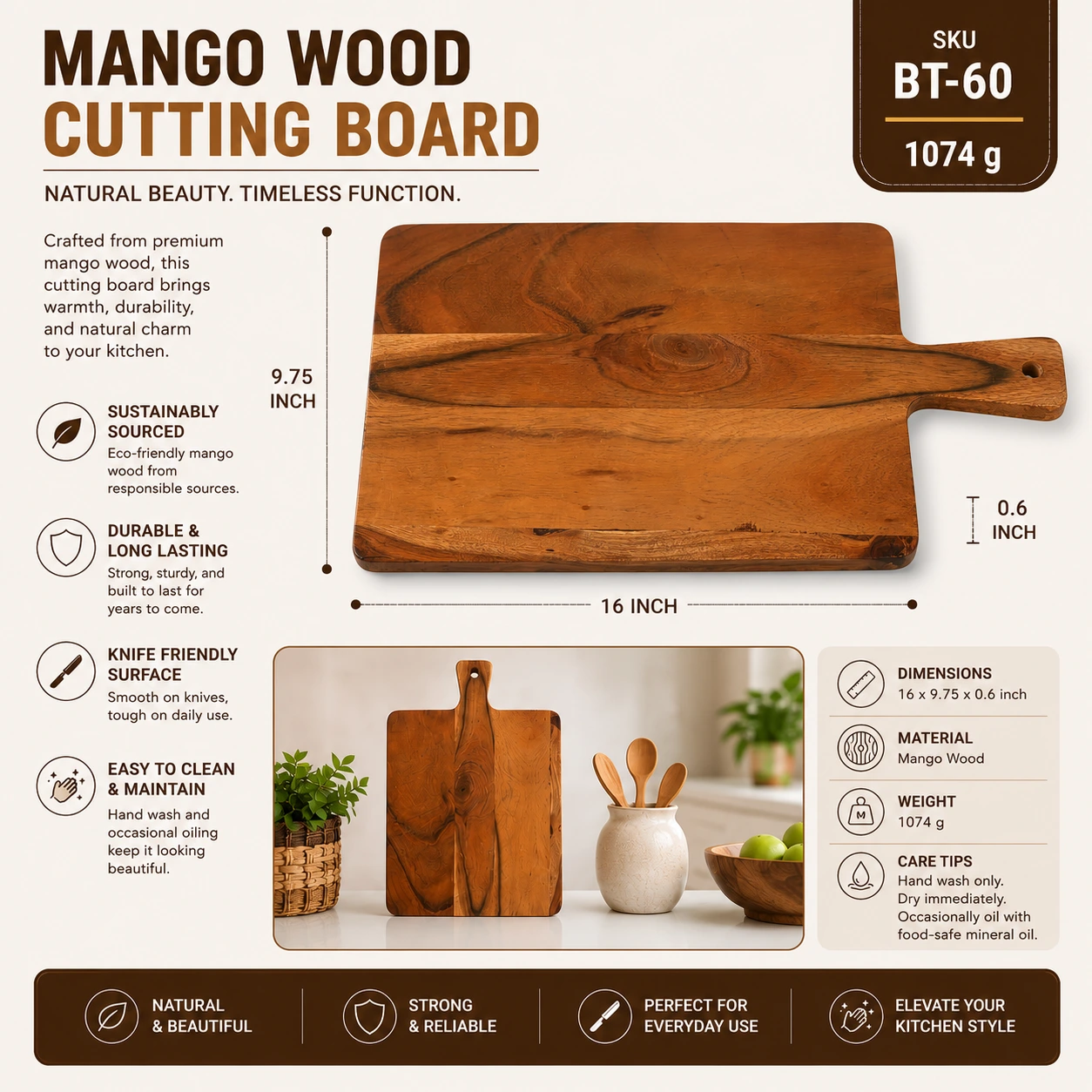 Mango Wood Cutting Board with Handle