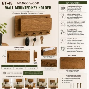 Mango Wood Wall Mounted Key Holder with Storage Pocket