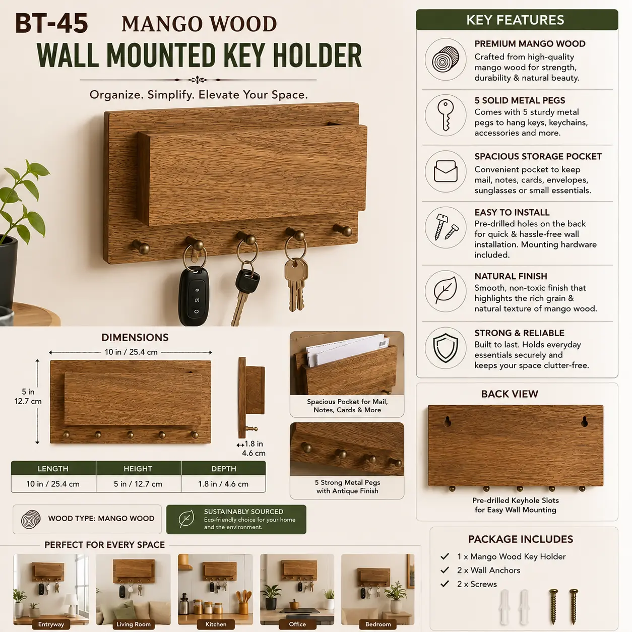 Mango Wood Wall Mounted Key Holder with Storage Pocket