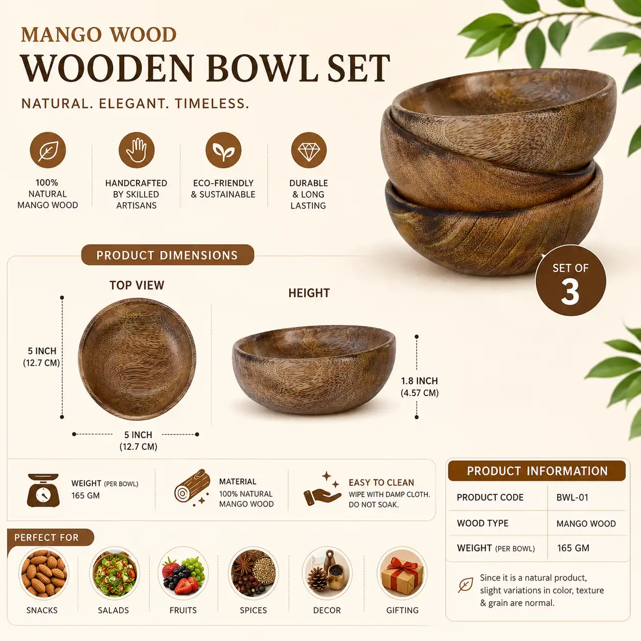 Mango Wood Wooden Bowl Set (Set of 3)