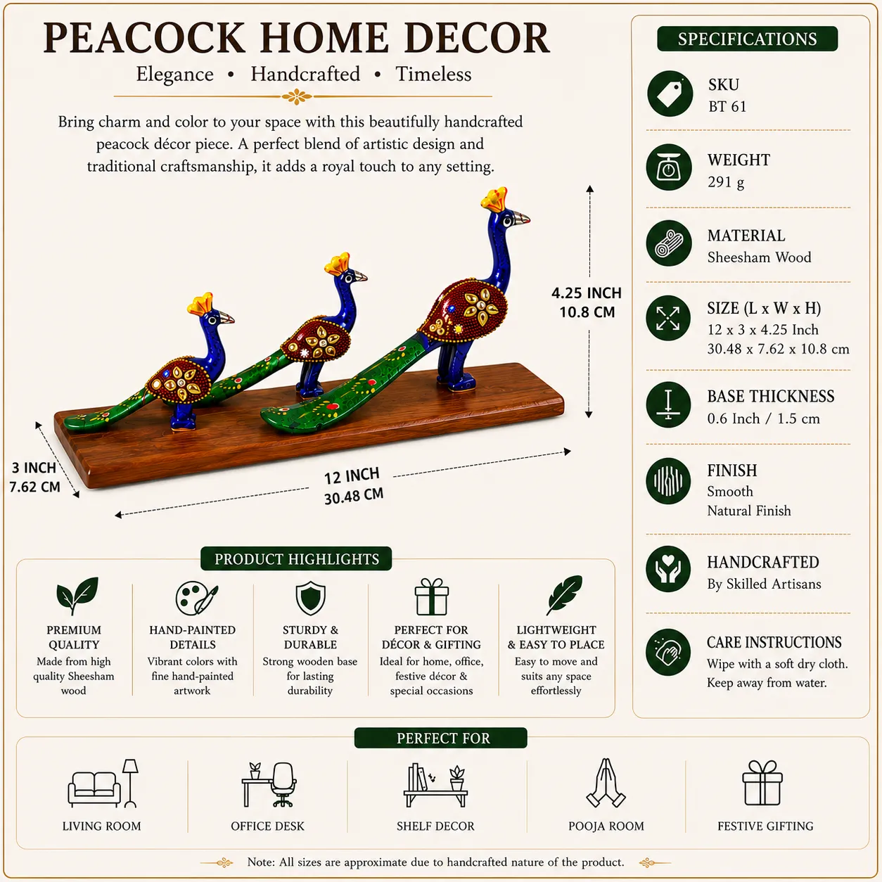 Peacock Home Décor – Handcrafted Wooden Decorative Showpiece
