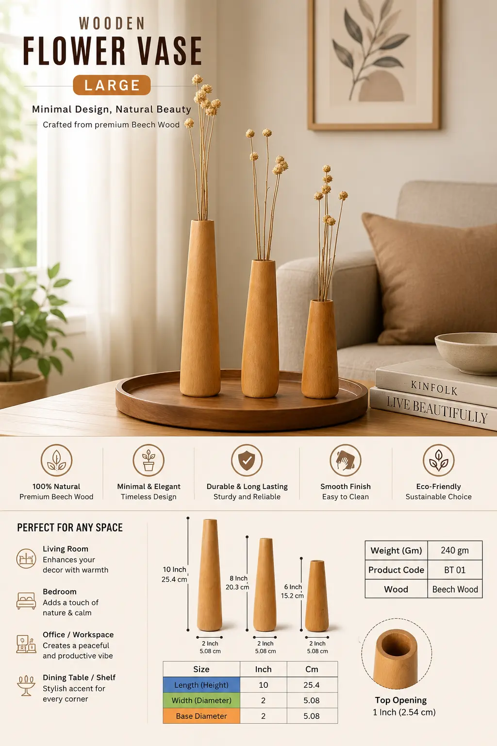 Premium Beech Wood Flower Vase (Large)