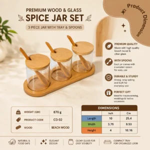 Premium Beech Wood & Glass Spice Jar Set with Tray & Wooden Spoons (3-Piece)