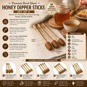 Premium Beech Wood Honey Dipper Sticks Set of 4